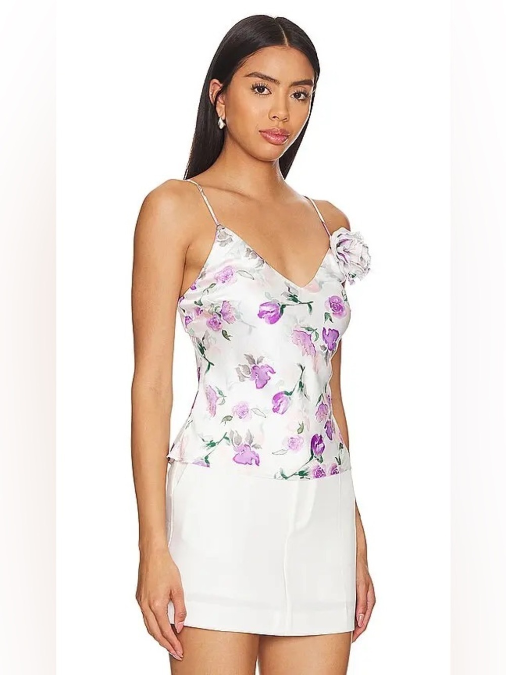 Bardot Wisteria Satin Floral V-Neck Cami with Rosette - White & Purple - Picture 2 of 8